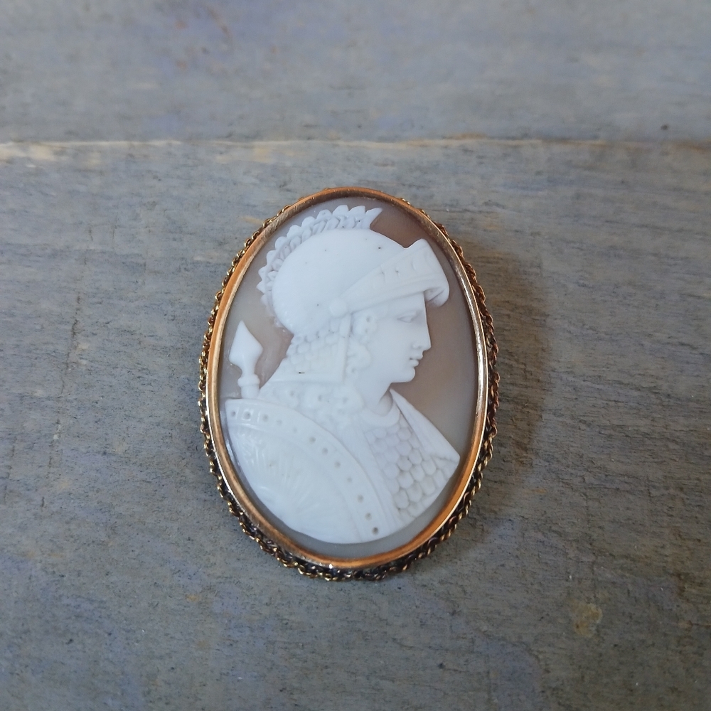Antique Victorian Carved Shell Cameo 14K Rose Gold Brooch Roman Greek Warrior - Picture 6 of 16